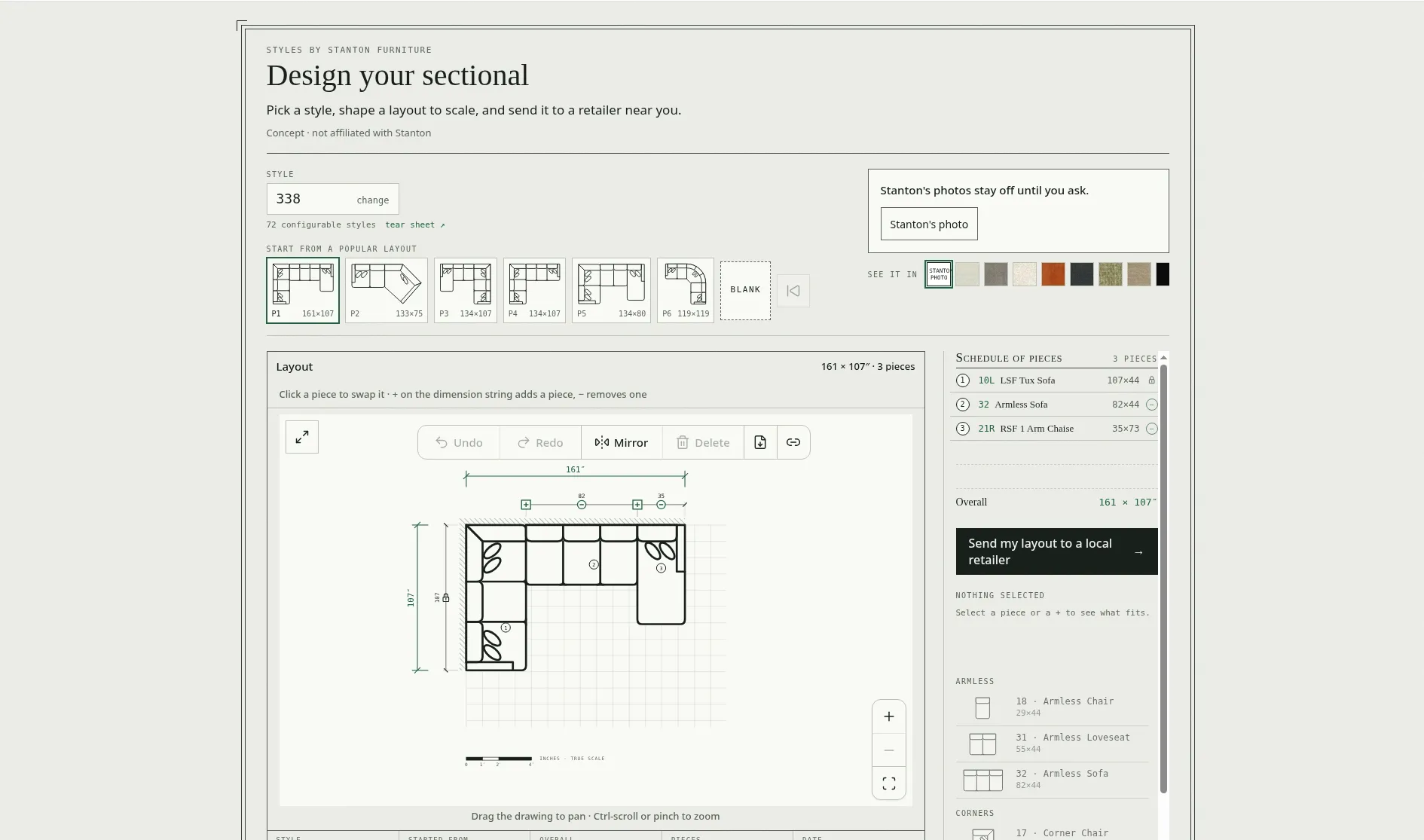 Sectional sofa configurator on the summary step, with the sofa and a list of pieces.