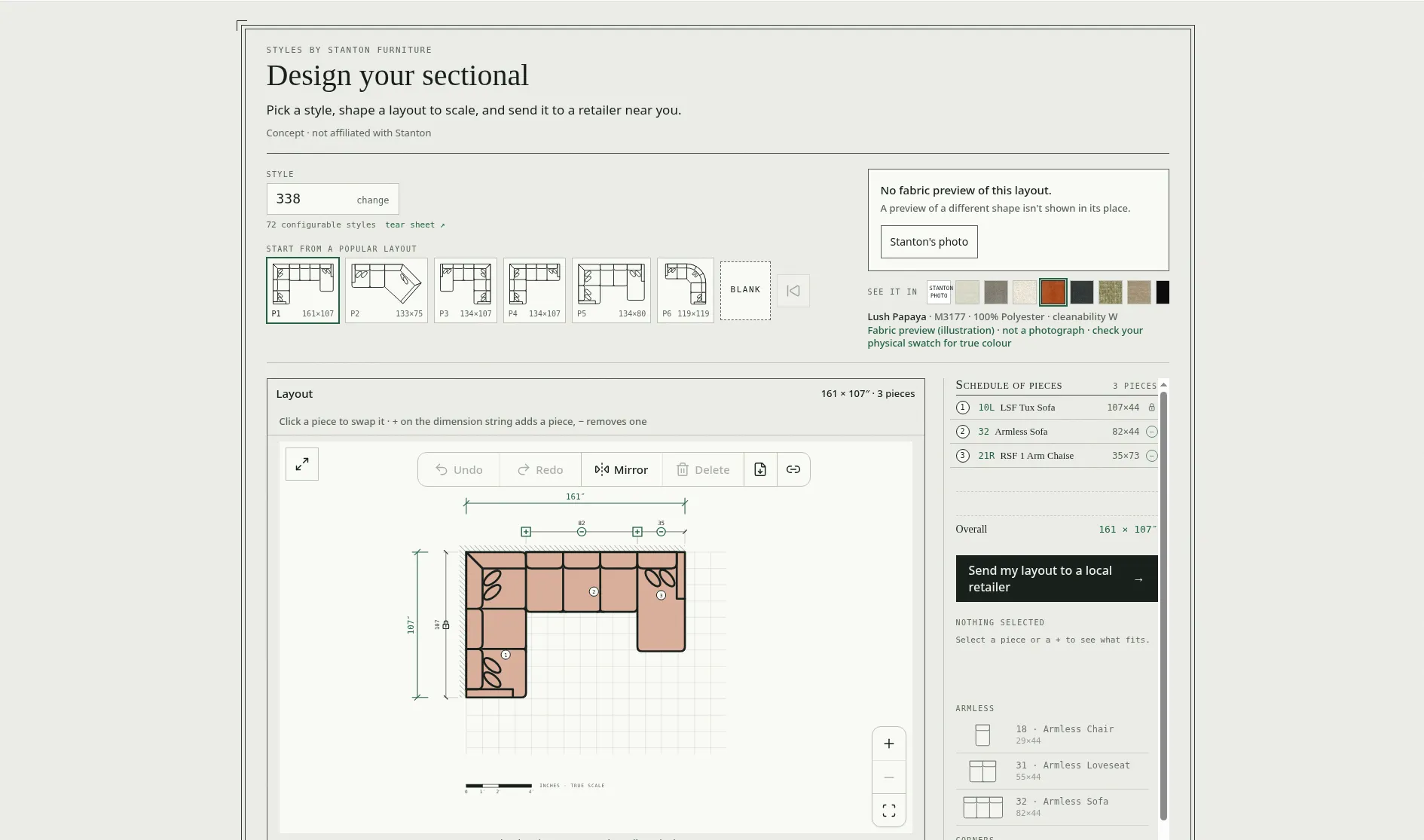 Sectional sofa configurator showing a built sectional in a light fabric, with width and depth callouts.
